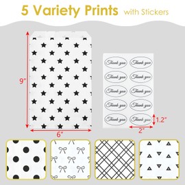 MOOCA 200 Pcs 5 Variety Prints Paper Gift Bags with Stickers, Jewelry, Cookie & Candy Buffet Bags, Treat Bag, Color: Black and White, 6W x 9H in