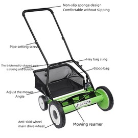 16inch Manual Lawn Mower Hand Push Reel Walk-Behind Grass Catcher with 5 Blades,Adjustable Mowing Height 9 Gears,with Large Capacity Collection Bag Suitable for Lawn Mowing in Villas, Parks, Gardens