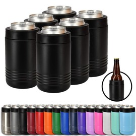 Clear Water Home Goods - 12 oz Stainless Steel Double Wall Vacuum Insulated Can or Bottle Cooler Keeps Beverage Cold for Hours - Powder Coated Black - 6 Pack