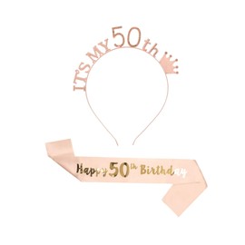 CHTENG Rose Gold Happy Birthday Sash and Tiara Rhinestone Crown Headband for Birthday Party Supplies (50)