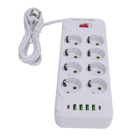 8 Way Power Strip USB C European Socket Desk Wall Mounted with Switch 2m Cable