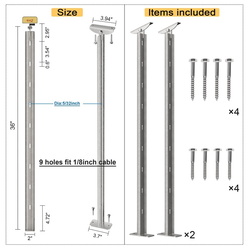 Deck Man 2-Pack Cable Railing Post 36inch Stainless Steel Adjustable
