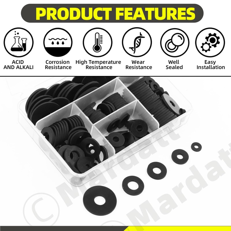 Mardatt 175Pcs 7 Sizes Rubber Washers Assortment Kit, 10/12/16/18/20/25/30MM Flat