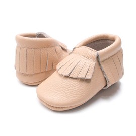 HONGTEYA Leather Baby Moccasins Hard Soled Tassel Crib Toddler Shoes for Boys and Girls (6-12 Months Infant, Light Khaki)
