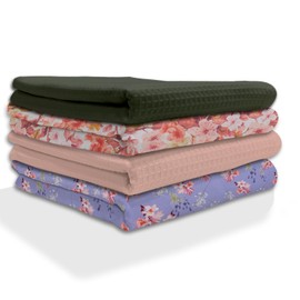 IXORA DECOR - Toallas de cocina de algodón, impresas digitales, teñidas sólidas, suaves, absorbentes, 50 x 70 cm, dos gofres teñidos sólidos, dos estampados digitales florales (juego de 4)