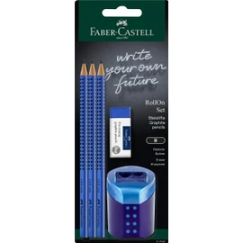 FABER-CASTELL Grip 2001 217083 Pencil Set with Eraser, RollOn Pencil Case and 3 Pencils, Writing Set Blue
