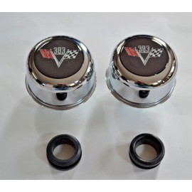 NYRM 4870 pcv valve valve covers Chrome Valve Cover Breathers & Grommets CHEVY 383 BLACK FLAGS LOGO NEW SET