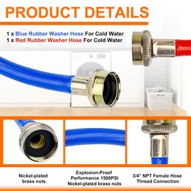 Cenipar 4FT Rubber Washing Machine Hoses Burst Proof 2 Pack For Hot and Cold Water 3/4" NPT Connection Water Supply Lines Fit for ALL Washing Machine