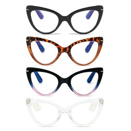 MMOWW Cat Eye Reading Glasses for Women Fashion Cute Blue Light Blocking Readers 4 Pack, Black/Brown Tortoise/Blue Pink/Transparent +1.75