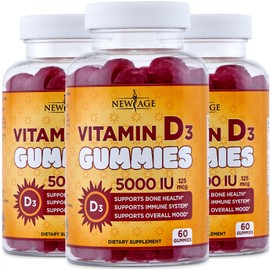 NEW AGE Vitamin D3 5000 IU 125mcg Gummies - Support Immune Support, Strong Bone Health - Non-GMO, Gluten-Free, Dairy-Free, No Gelatin (180 Gummies (Pack of 3))