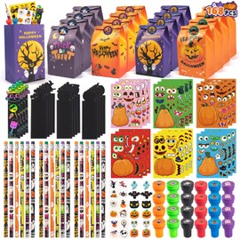 Hbjnnug - Juego de 168 piezas de regalo de papelería de Halloween, bolsas de regalo de Halloween para niños, rellenos de bolsas de regalos, bolsas de regalo, truco o golosina, premios de aula