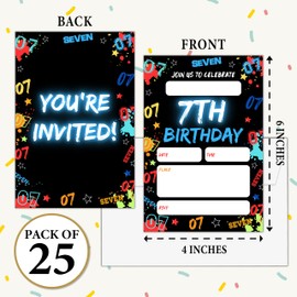 Beshoul Birthday Invitations - Glow Neon 7th Bday Invites with Envelopes for Boys Girls(25-Count) - Digital Party Invite Cards for Party Supplies Favors Decorations-H02
