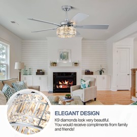 Bella Depot 52" Farmhouse Chandelier Ceiling Fan with Remote, Crystal Fan with 6-Speeds, Quiet Reversible DC Motor, for Bedroom, Living Room (Silver)