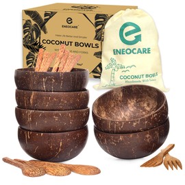 ENEOCARE Set of 6 Natural Coconut Bowls and Wooden Spoon Sets | Organic Reusable Eco-friendly Smoothie Acai Buddha Bowl Sets