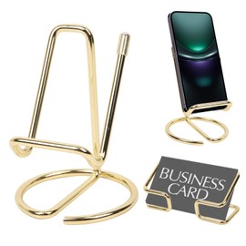 CREECHWA Gold Office Desk Supplies, Set of Phone Stand and Bussiness Card Holder, Gold Desk Accessories, Metal,