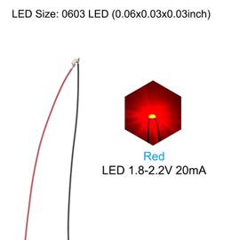 PATIKIL 0603 Pre-Wired Micro LED, 12 Pcs 1.8-2.2V Pre-soldered Mini Light Emitting Diodes Surface Mount Device for Model Building, DIY, Science Projects, 9.8" Length, Red