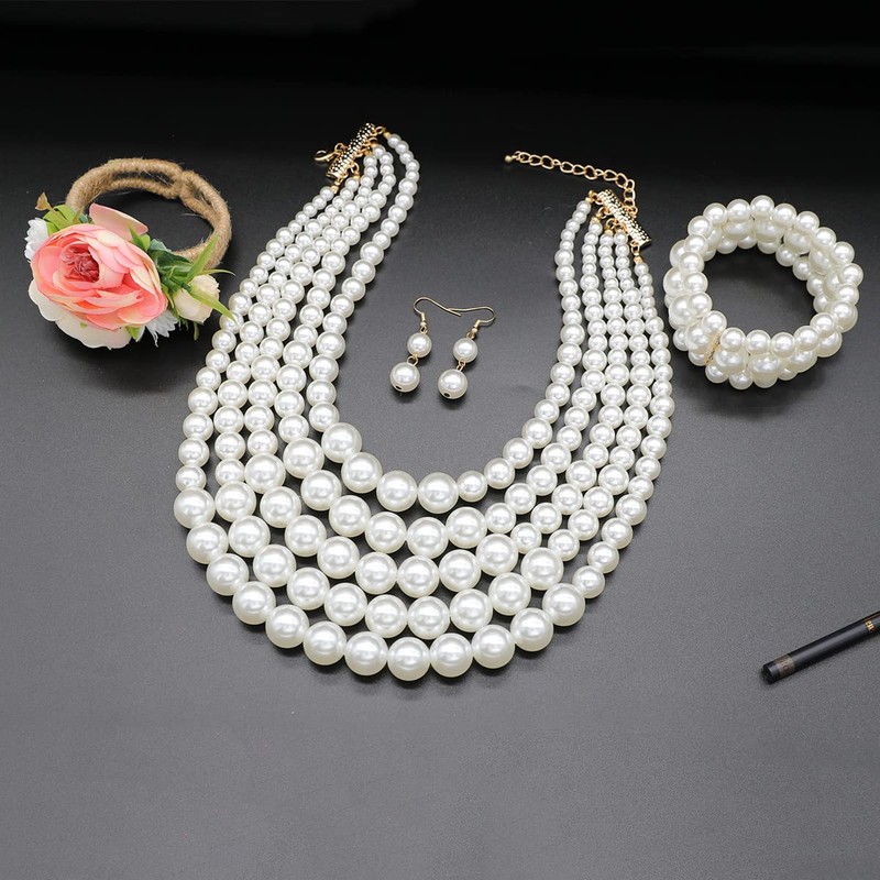 Juego de collar de perlas grandes de imitación para mujer,