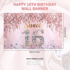 Sweet 16 Birthday Backdrop Banner, 6ft x 3.6ft Pink Rose Gold Happy 16th Birthday Party Decorations for Girls, 16 Years Old Birthday Poster Background Photo Booth Props Decor