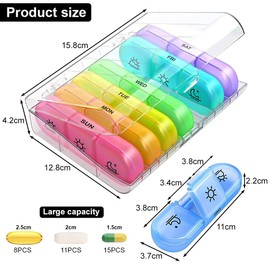 Pill Box 7 Days, Weekly Pill Box, 7 Days, 3 Compartments, Morning, Noon, Evening, Medication Box, 7 Days, 21 Independent Compartments, Tablet Organiser for Medication, Vitamins, Fish Oil
