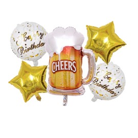 Morndew 5 PCS Happy Birthday Beer Mug Cheers Five-pointed Star Foil Balloons for Birthday Party Baby Shower Wedding Party Decorations
