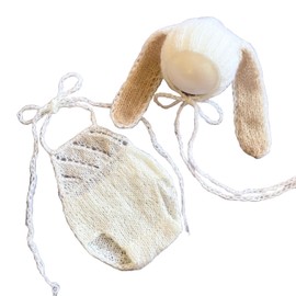 [NANA's shop] Rabbit Ears Hat and Knitting Pattern Overalls, Newborn Photo Costume, Bonnet, Age Photo (White)