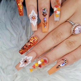 Fall Press on Nails Long Coffin Fake Nails Autumn False Nails with Designs Maple Leaf Glue on Nails Thanksgiving Acrylic Nails Full Cover Glossy Stick on Nails for Women Manicure 24Pcs