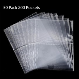 50pcs A5 Index Card Sleeves Binder Sheets, BetterJonny 4 X 6 Inch Clear Plastic Refill 2 Pocket Page Protector | Fits 7-Ring Binder Index Cards Display Ring Binder Pouched,Total 50 Page Hold 200 Cards