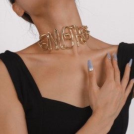 RELOVET Metallic Amore Necklace Wide Script Word Choker Necklace (gold)