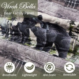 Virah Bella 3 Piece King Lodge Quilt Bedding Set - Rustic Country Reversible Comforter Set with Decorative Pillow Shams - Bear Family Panel