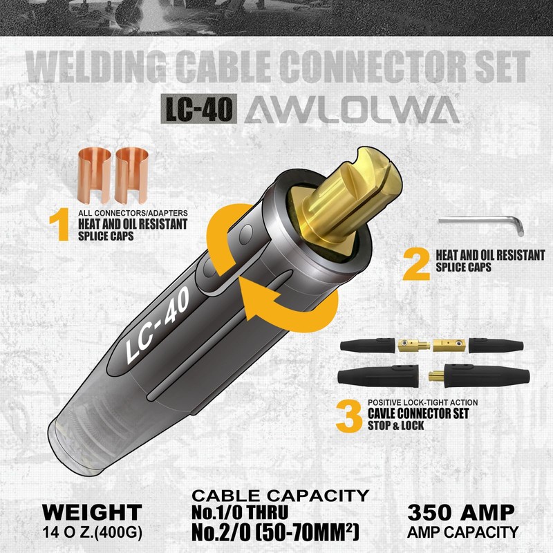 AWLOLWA LC-40 PRO Series Welding Cable Connectors Set (4-Pack) (Black)