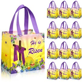 Tiamon 12 Pieces Easter Non Woven Fabric Bag Inspiring He is Risen Sign Gift Bags Cookie Treat Candy Goody Easter Religious Treat Bags with Double Handles for Easter Theme Bible School Party Favor