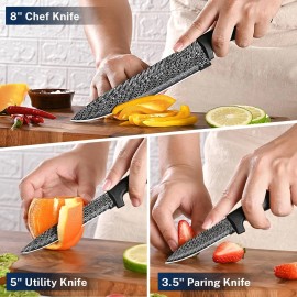 Gourmetop Kitchen Knife Set with Cover 3 Pcs, Black Chef