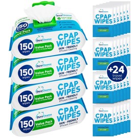 Duracleanse DuraCleanse CPAP Mask Cleaning Wipes - 4 Pack - 4x150 Count + 24 Travel Wipes - Extra Large, Extra Moist Cleaning CPAP Wipes for Mask, CPAP Machine & Supplies - Skin Safe with Aloe Vera