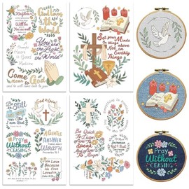 Peacoblue Water Soluble Embroidery Patterns with Color for Beginners, Bible Verses and Flower 4 Sheets with 19pcs Wash Away Embroidery Pattern Stabilizer for Hand Sewing Women Adults