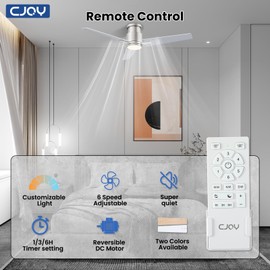 CJOY Ceiling Fan with Lights, 52 Inch Low Profile Ceiling Fans with Light and Remote, Reversible DC, Flush Mount, 3CCT，Dimmable, Modern Indoor/Outdoor Design for Bedroom, Living Room, Patio, Kitchen