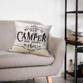Mancheng-zi Welcome to Our Camper Our Happy Place Throw Pillow Case, Campers Gifts, Camper Decor, 18 x 18 Inch Trailer RV Pillow Decorative Linen Cushion Cover for Sofa Couch Bed