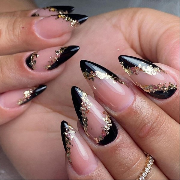 Black French Tip Press on Nails Medium Almond Fake Nails