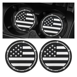 2.74'' 2PCS Bling American Flag Car Cup Holder Coasters, Shockproof Anti-Slip Cup Mat Car Insert Coaster, Rhinestone Embedded Drink Mat, Universal Automotive Interior Accessories (Black)