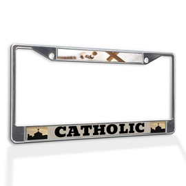 Fastasticdeals Metal Insert License Plate Frame Catholic Weatherproof Car Accessories Chrome 2 Holes Solid Insert