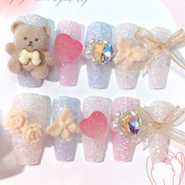 24Pcs Pink Blue Glitter Press on Nails Long Coffin Fake Nails Full Cover Glue on Nails with 3D Heart Pearl Bear Rhinestones Design Flower Bow Stick on Nails Cute Acrylic False Nails for Women Manicure