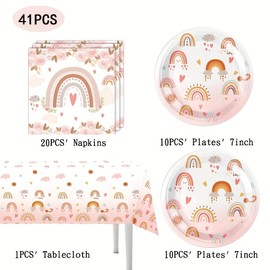 41 Rainbow theme party supplies, including 1 tablecloth, 20 napkins, 20 plates, Rainbow theme birthday party decoration supplies.