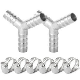 ERGAOBOY Pack of 2 10 mm Stainless Steel Hose Nozzle T Piece, 3 Way Y Shaped SUS 304 Hose Fitting with 6 Pieces Clamps