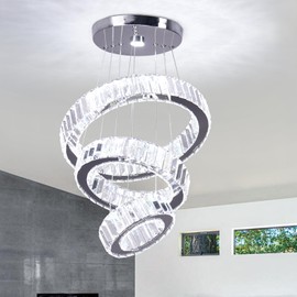 CLAIRDAI Crystal Chandeliers 3 Rings Ceiling Light Fixture LED Chandelier for High Ceiling Hanging Chandeliers for Bedroom Dining Room Living Room (6500K Cool White)