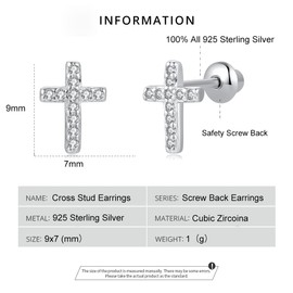 Sterling Silver Cross Stud Earrings for Girls Women - Hypoallergenic Screw Backs Cross Earrings Cross Gifts