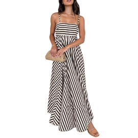 Women Striped Maxi Dress Smocked Backless Spaghetti Strap Long Flowy Dress Sleeveless Boho Aline Sundress(704 Light Brown,Small)