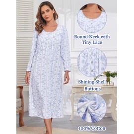 FMIRREO 100% Cotton Nightgowns for Women Long Sleeve Nightgown Ladies Sleep Dress Nighty Nighties Nightdress night gowns for adult White Bohemia M
