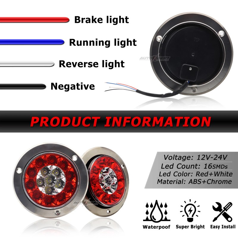 AUTOXBERT 2X 4inch Round Red White 16-LED Truck Trailer Brake