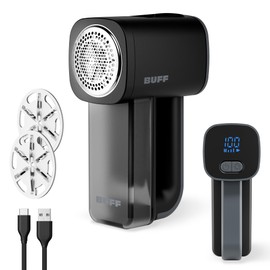 BUFF Fabric Shaver + Lint Remover, Sweater Defuzzer with 3 Motor Speeds, Remove Pills from Blankets, Couch, Clothing, Furniture, Stainless Steel Blade, USB-C Rechargeable – Black