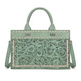 Montana West Western Tooled Women Handbags Vintage Carving Floral Tote Bag for Women Whipstitch Craftsmanship Crossbody with Guitar Strap MW1323-8011GN