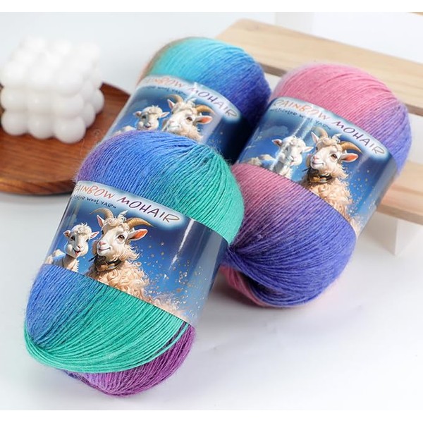 3pk Rainbow Mohair Multicolor Wool Yarn 90% Wool 10% Acrylic